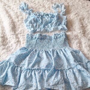 Light Blue Ruffled Two-Piece Set w/ Charming White Pattern BNWOT Size M